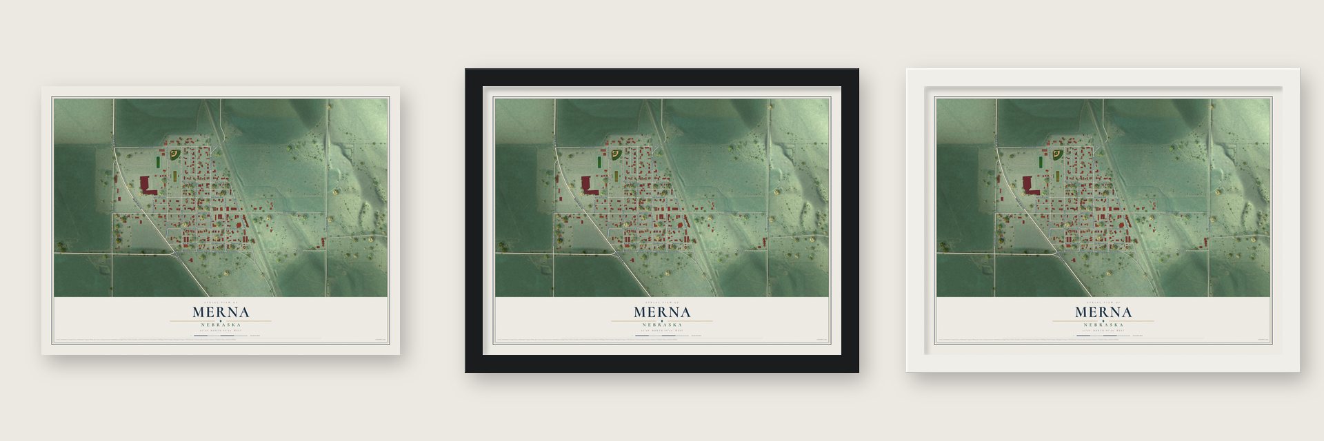 Merna, Nebraska map unframed, in a black wood frame and in a white wood frame