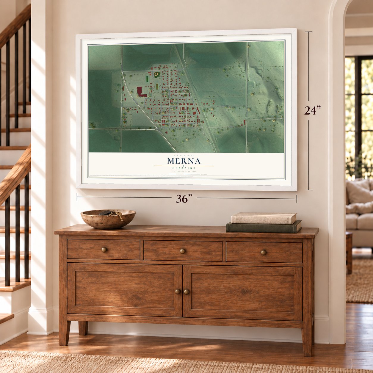 Merna, Nebraska map, 24 x 36 inch print in a white frame above a dresser by a staircase