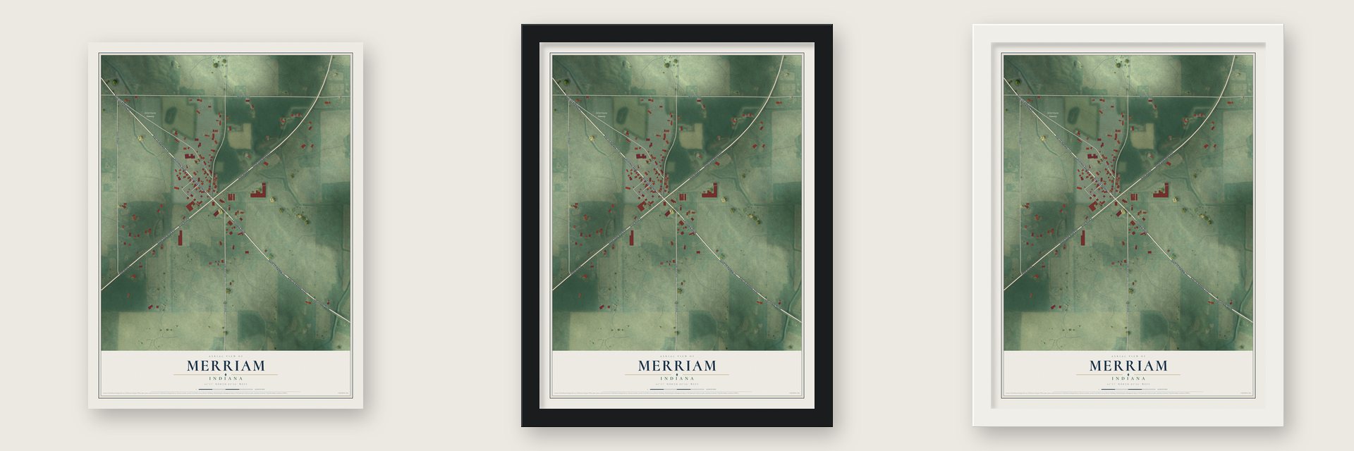 Merriam, Indiana map unframed, in a black wood frame and in a white wood frame