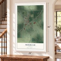 Merriam, Indiana map, 24 x 36 inch print in a white frame by a staircase