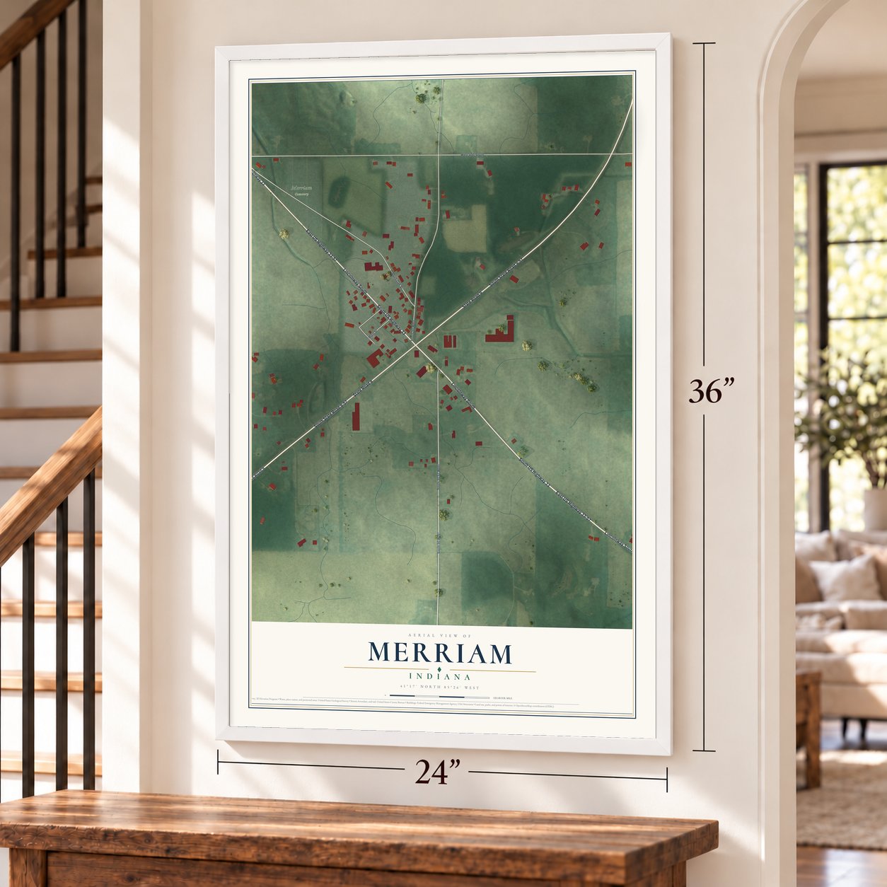 Merriam, Indiana map, 24 x 36 inch print in a white frame by a staircase