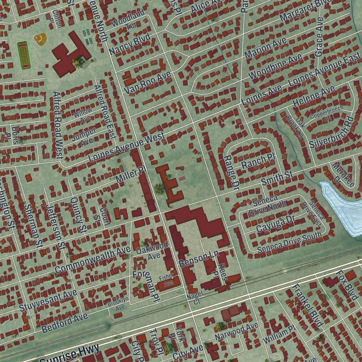 Second close-up of the map of Merrick, New York print showing more streets and buildings