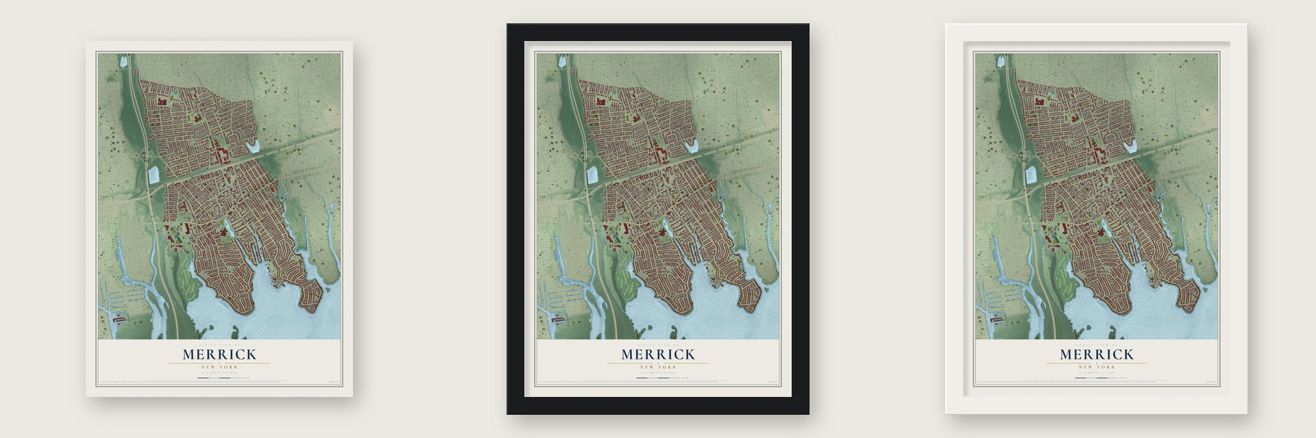 Merrick, New York map unframed, in a black wood frame and in a white wood frame