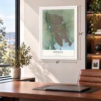 Merrick, New York map, 18 x 24 inch print in a white frame in a home office