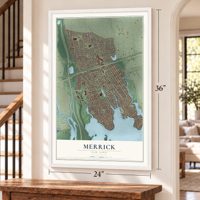 Merrick, New York map, 24 x 36 inch print in a white frame by a staircase