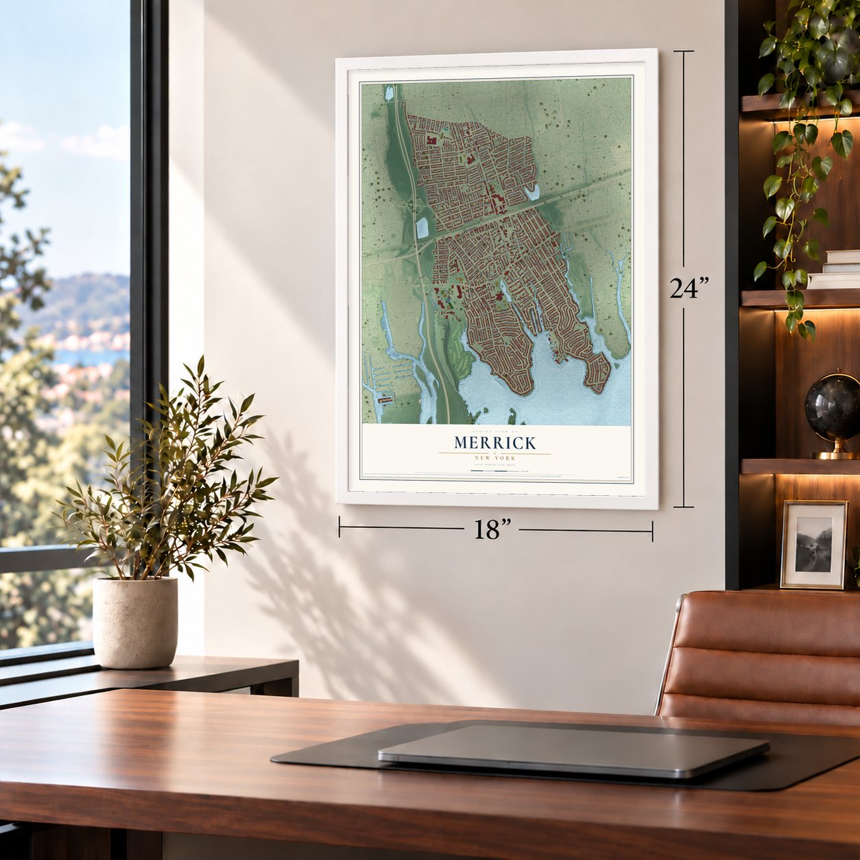 Merrick, New York map, 18 x 24 inch print in a white frame in a home office