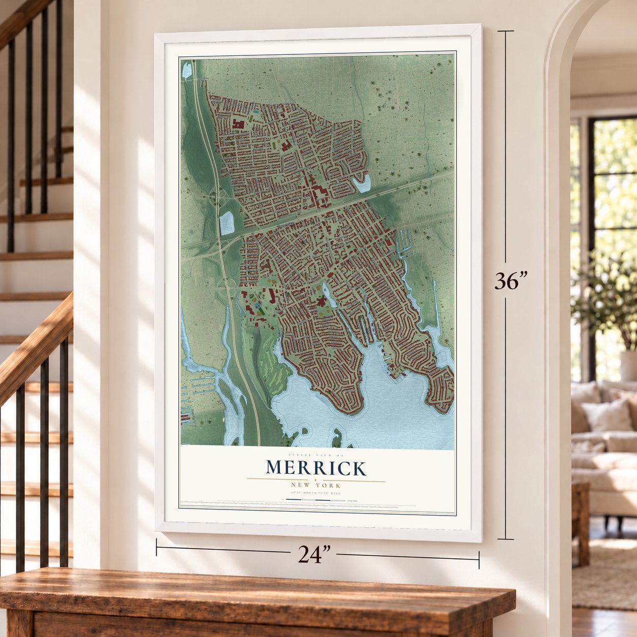 Merrick, New York map, 24 x 36 inch print in a white frame by a staircase