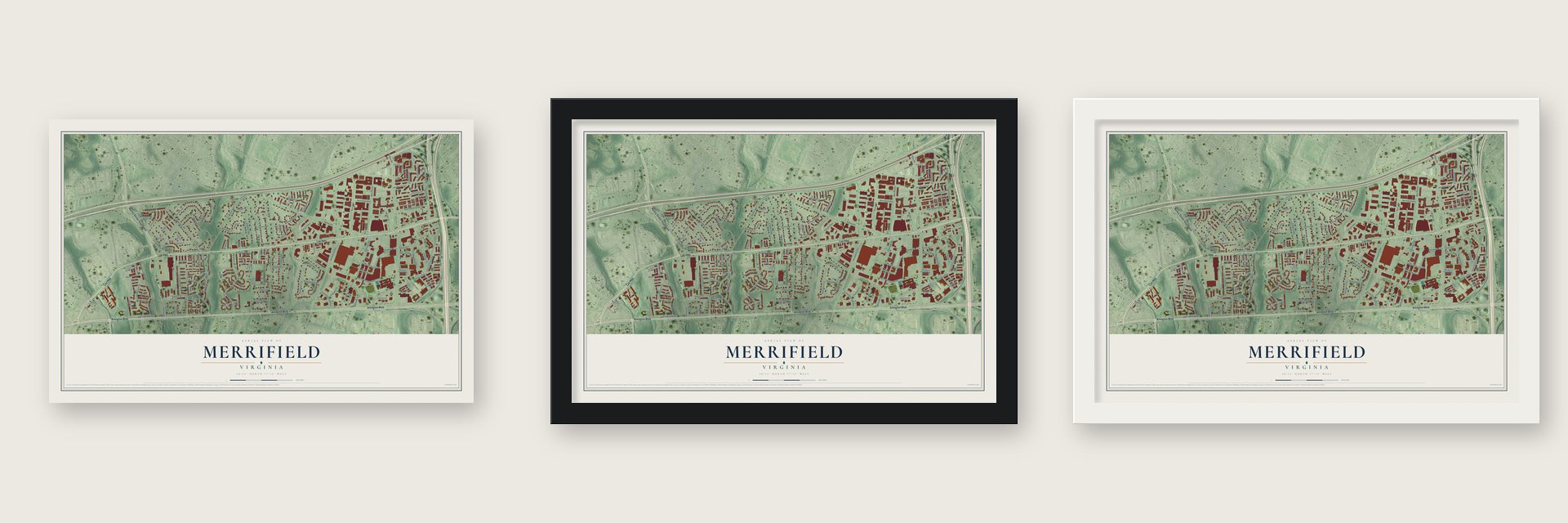 Merrifield, Virginia map unframed, in a black wood frame and in a white wood frame