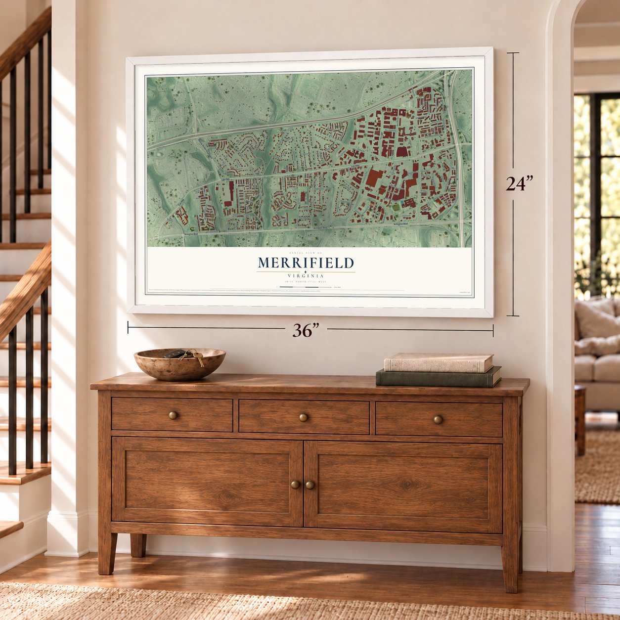 Merrifield, Virginia map, 24 x 36 inch print in a white frame above a dresser by a staircase