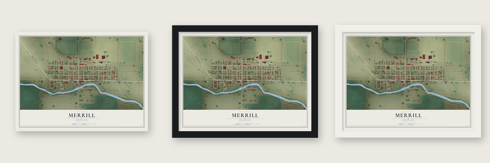 Merrill, Oregon map unframed, in a black wood frame and in a white wood frame