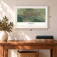 Merrill, Oregon map, 12 x 18 inch print in a white frame in an entryway