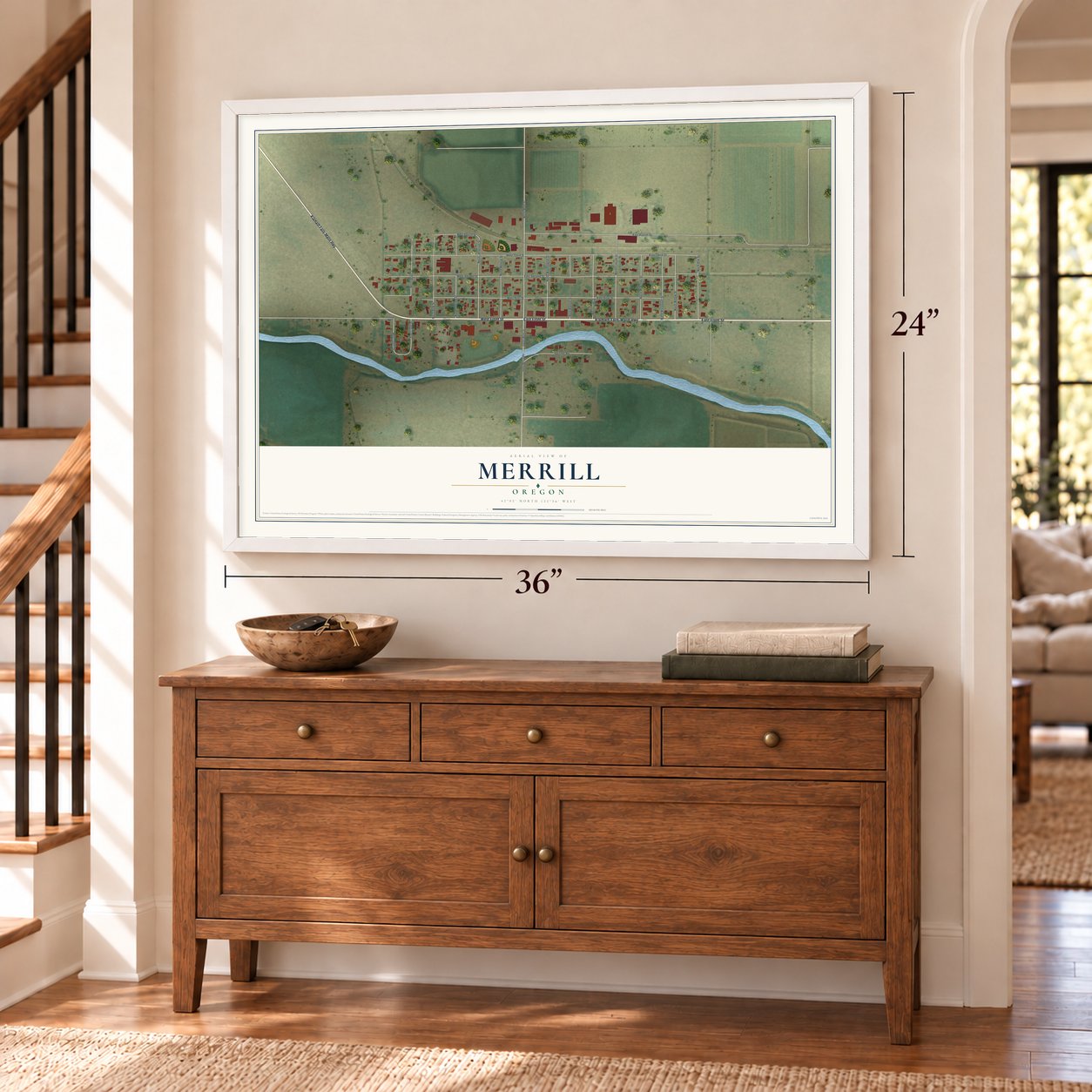 Merrill, Oregon map, 24 x 36 inch print in a white frame above a dresser by a staircase