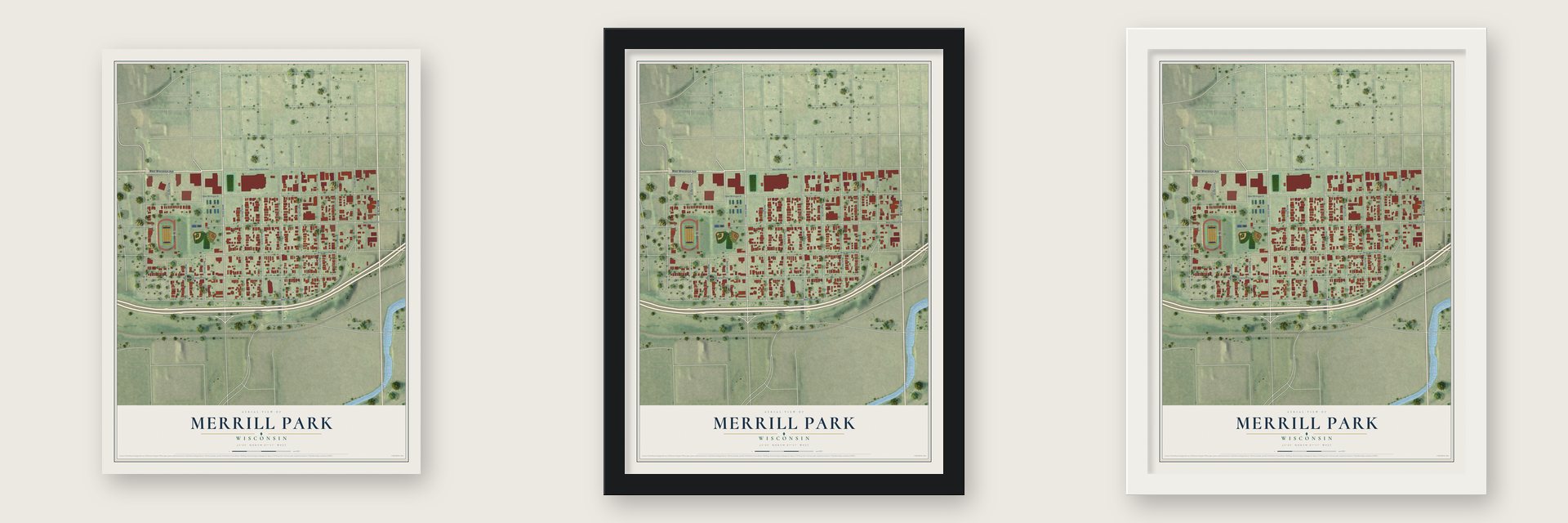 Merrill Park, Wisconsin map unframed, in a black wood frame and in a white wood frame