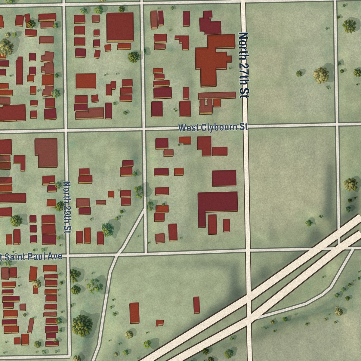 Second close-up of the map of Merrill Park, Wisconsin print showing more streets and buildings