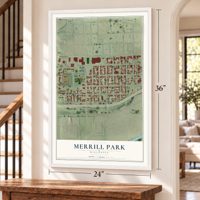 Merrill Park, Wisconsin map, 24 x 36 inch print in a white frame by a staircase