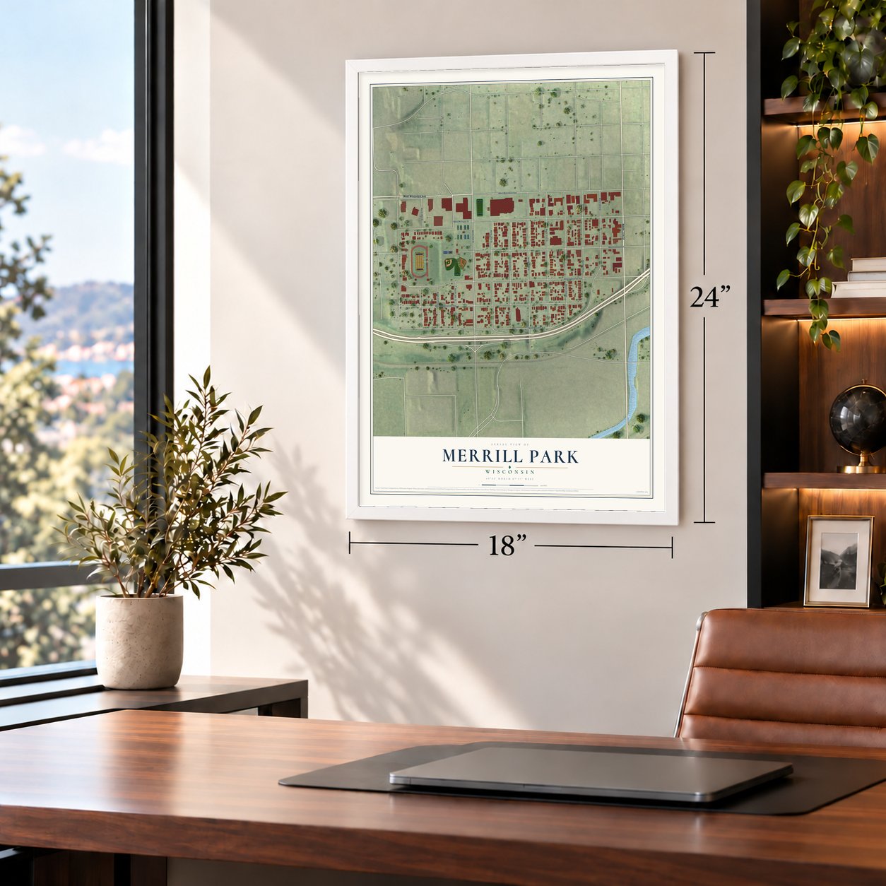 Merrill Park, Wisconsin map, 18 x 24 inch print in a white frame in a home office