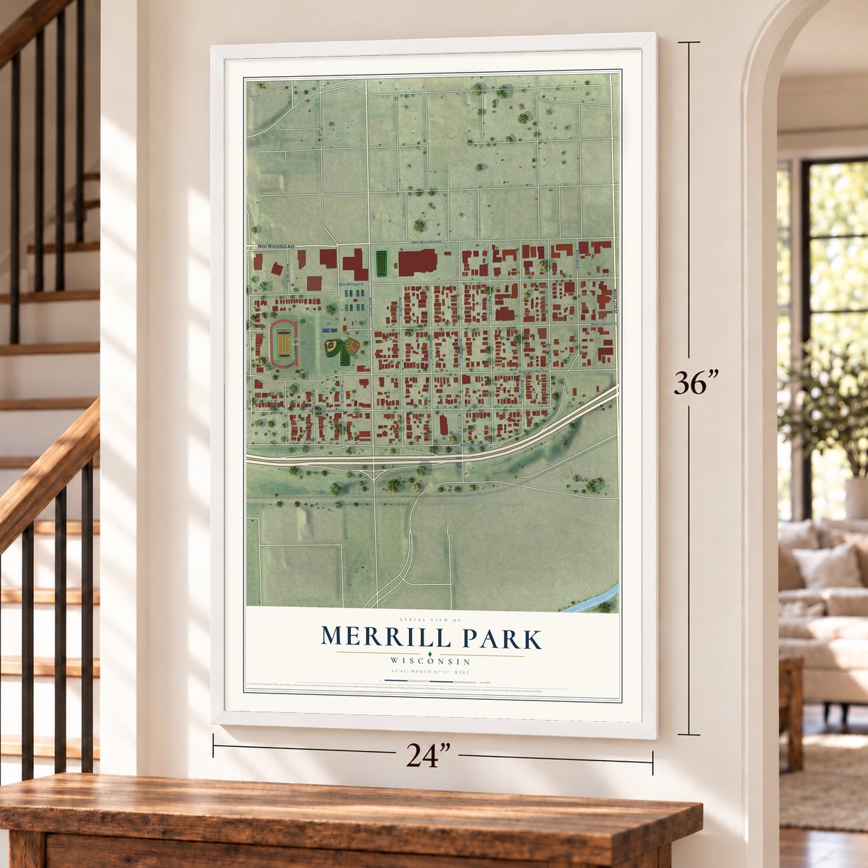 Merrill Park, Wisconsin map, 24 x 36 inch print in a white frame by a staircase