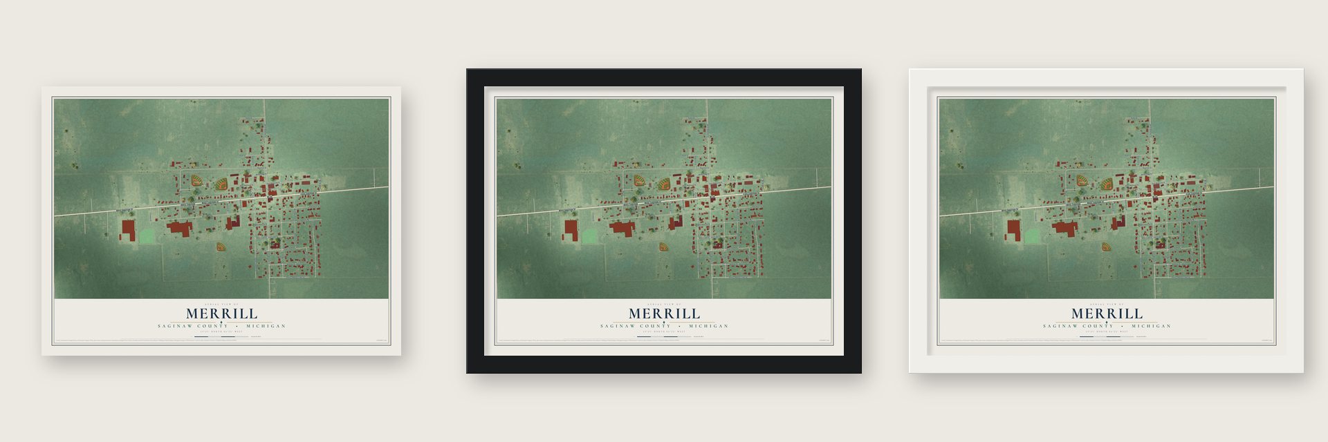 Merrill, Saginaw County, Michigan map unframed, in a black wood frame and in a white wood frame