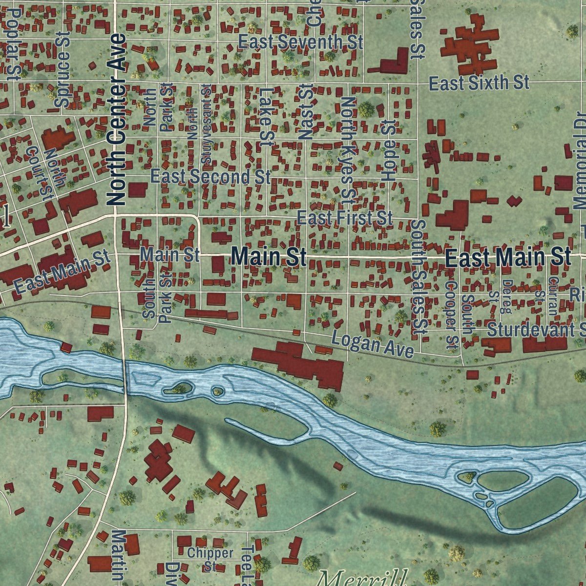 Second close-up of the map of Merrill, Wisconsin print showing more streets and buildings