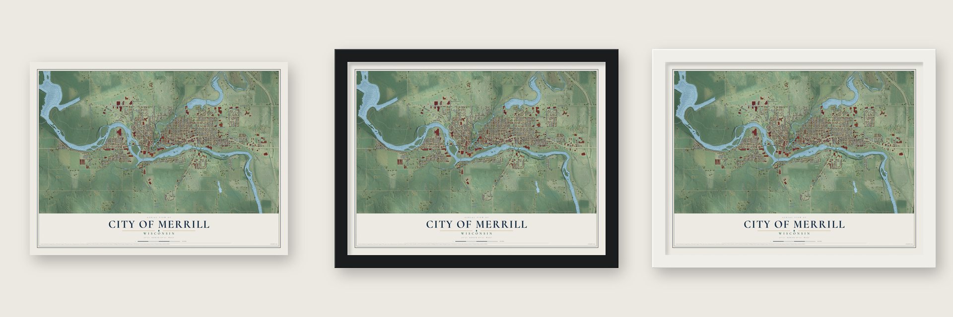 Merrill, Wisconsin map unframed, in a black wood frame and in a white wood frame
