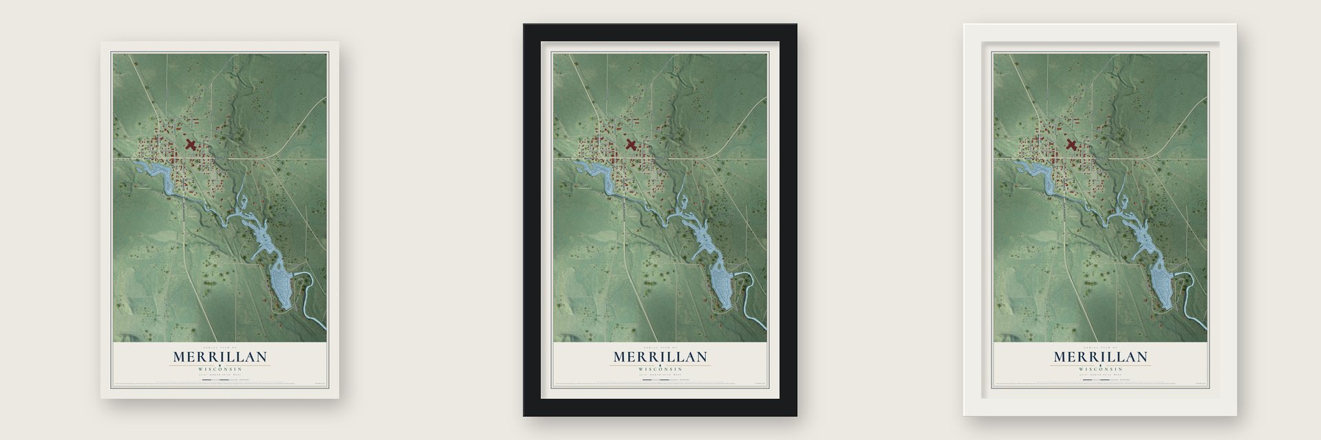 Merrillan, Wisconsin map unframed, in a black wood frame and in a white wood frame