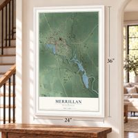 Merrillan, Wisconsin map, 24 x 36 inch print in a white frame by a staircase