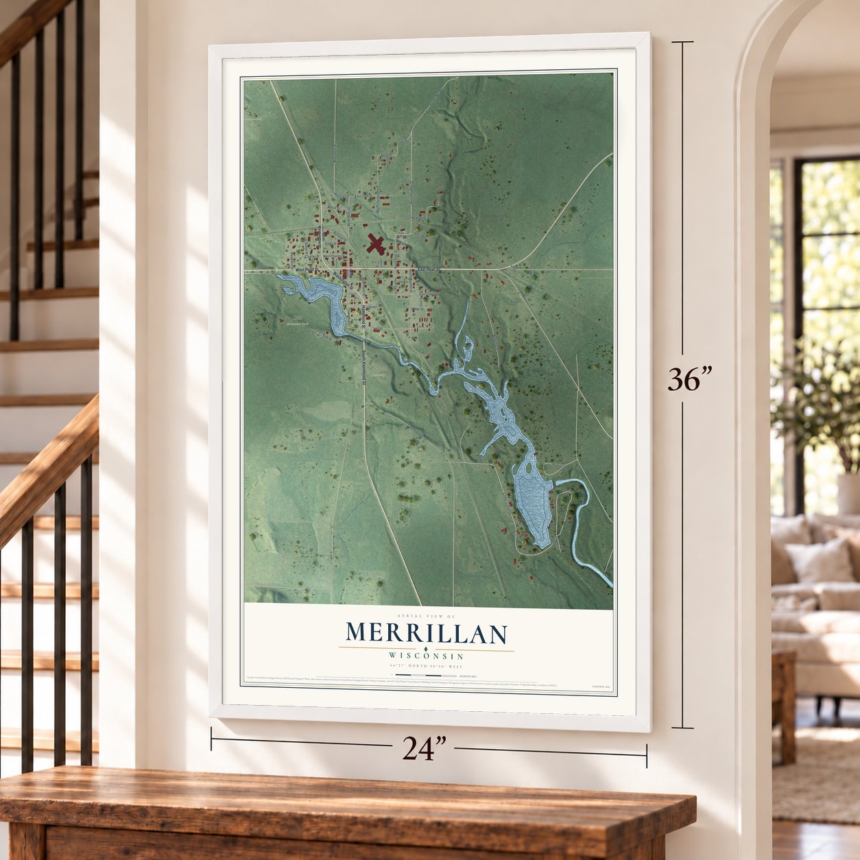 Merrillan, Wisconsin map, 24 x 36 inch print in a white frame by a staircase