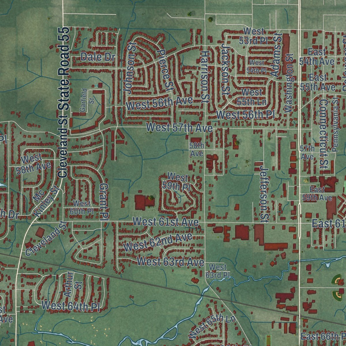 Second close-up of the map of Merrillville, Indiana print showing more streets and buildings