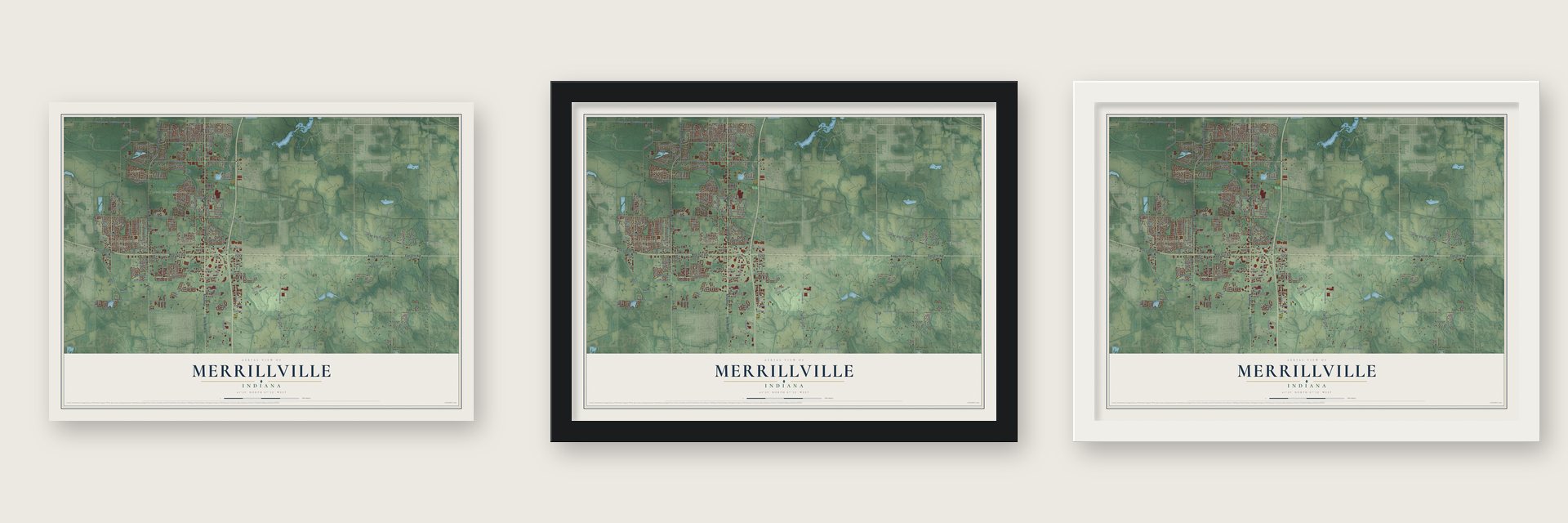 Merrillville, Indiana map unframed, in a black wood frame and in a white wood frame
