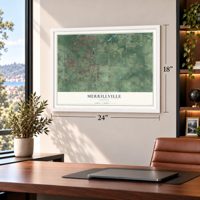 Merrillville, Indiana map, 18 x 24 inch print in a white frame in a home office