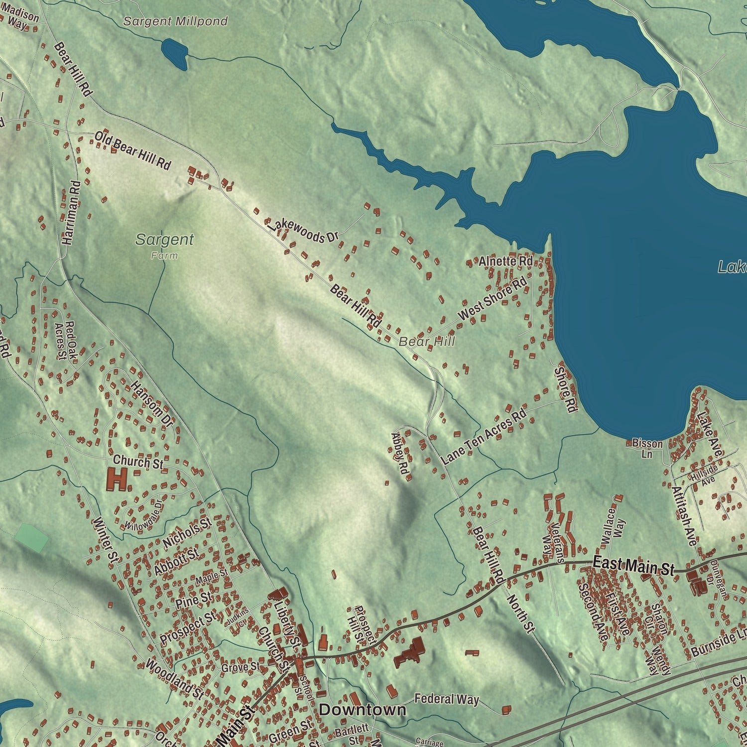 Close-up of the map of Merrimac, Massachusetts print showing terrain and local geography