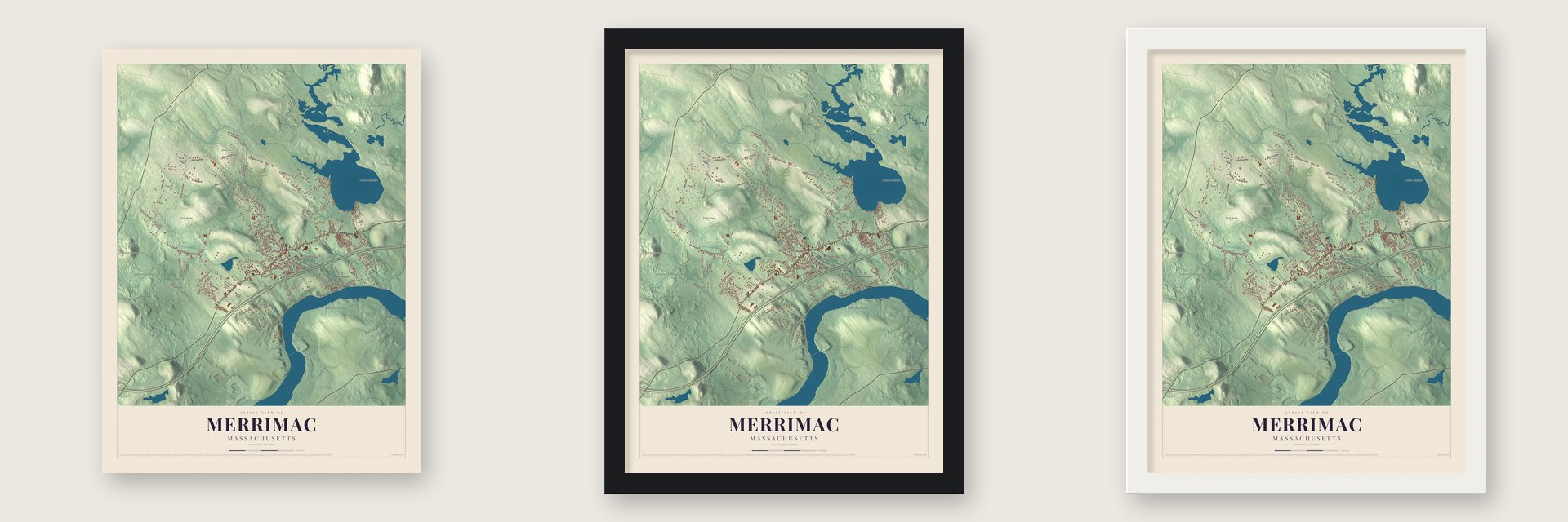 Merrimac, Massachusetts map unframed, in a black wood frame and in a white wood frame