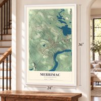 Merrimac, Massachusetts map, 24 x 36 inch print in a white frame by a staircase