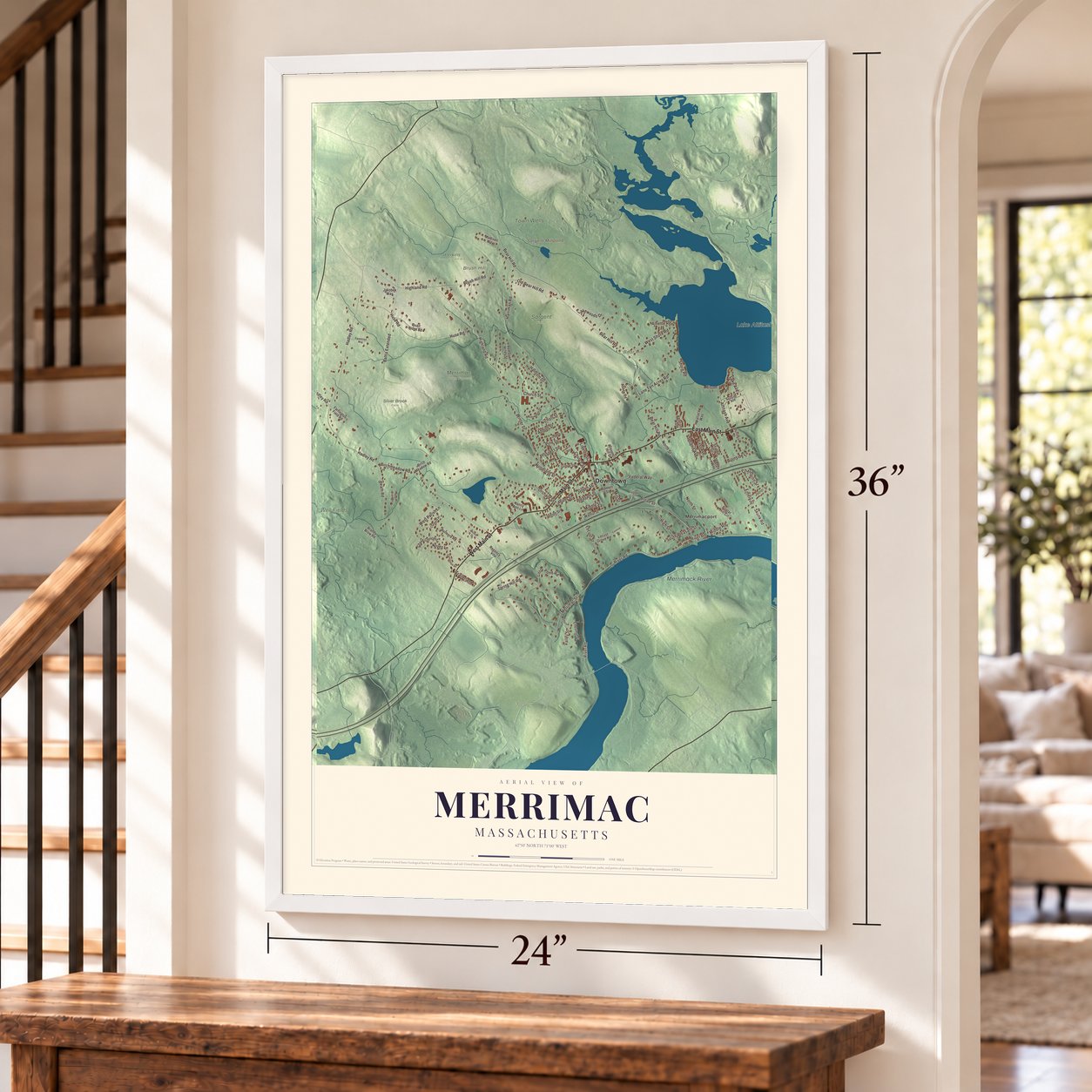 Merrimac, Massachusetts map, 24 x 36 inch print in a white frame by a staircase