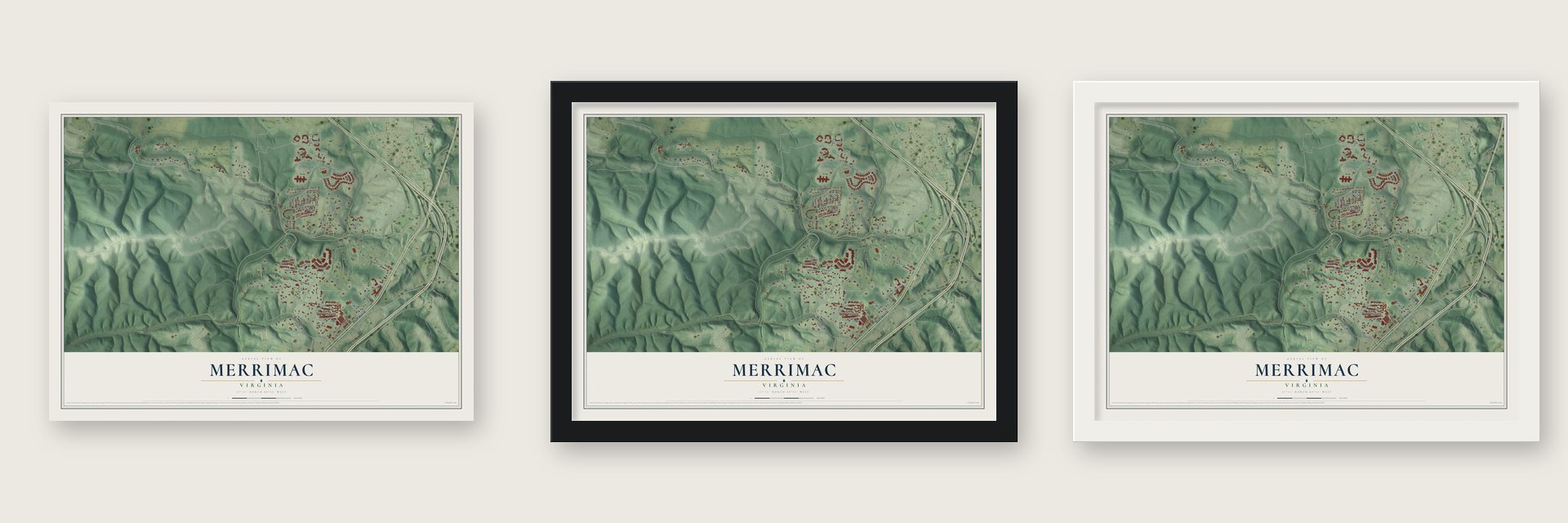 Merrimac, Virginia map unframed, in a black wood frame and in a white wood frame