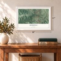 Merrimac, Virginia map, 12 x 18 inch print in a white frame in an entryway
