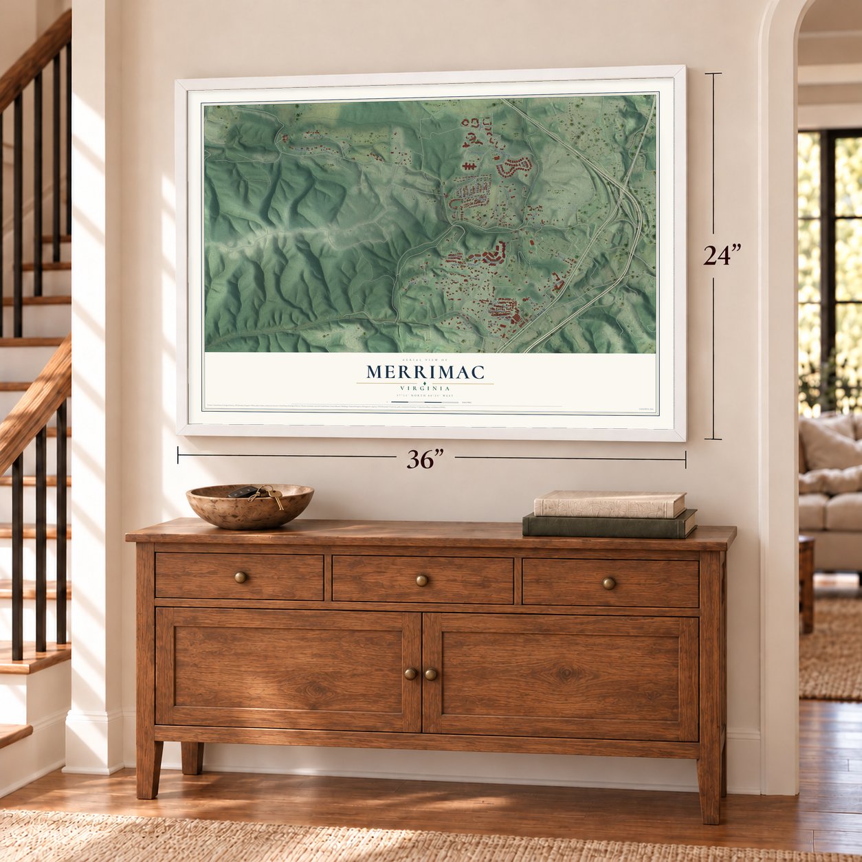 Merrimac, Virginia map, 24 x 36 inch print in a white frame above a dresser by a staircase