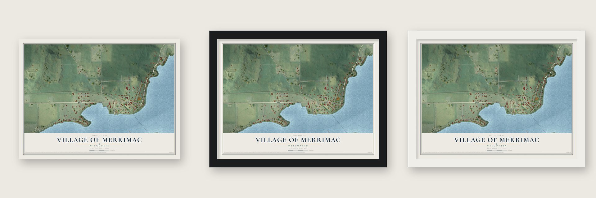 Merrimac, Wisconsin map unframed, in a black wood frame and in a white wood frame
