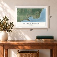 Merrimac, Wisconsin map, 12 x 18 inch print in a white frame in an entryway