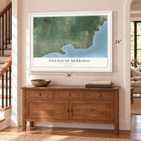 Merrimac, Wisconsin map, 24 x 36 inch print in a white frame above a dresser by a staircase