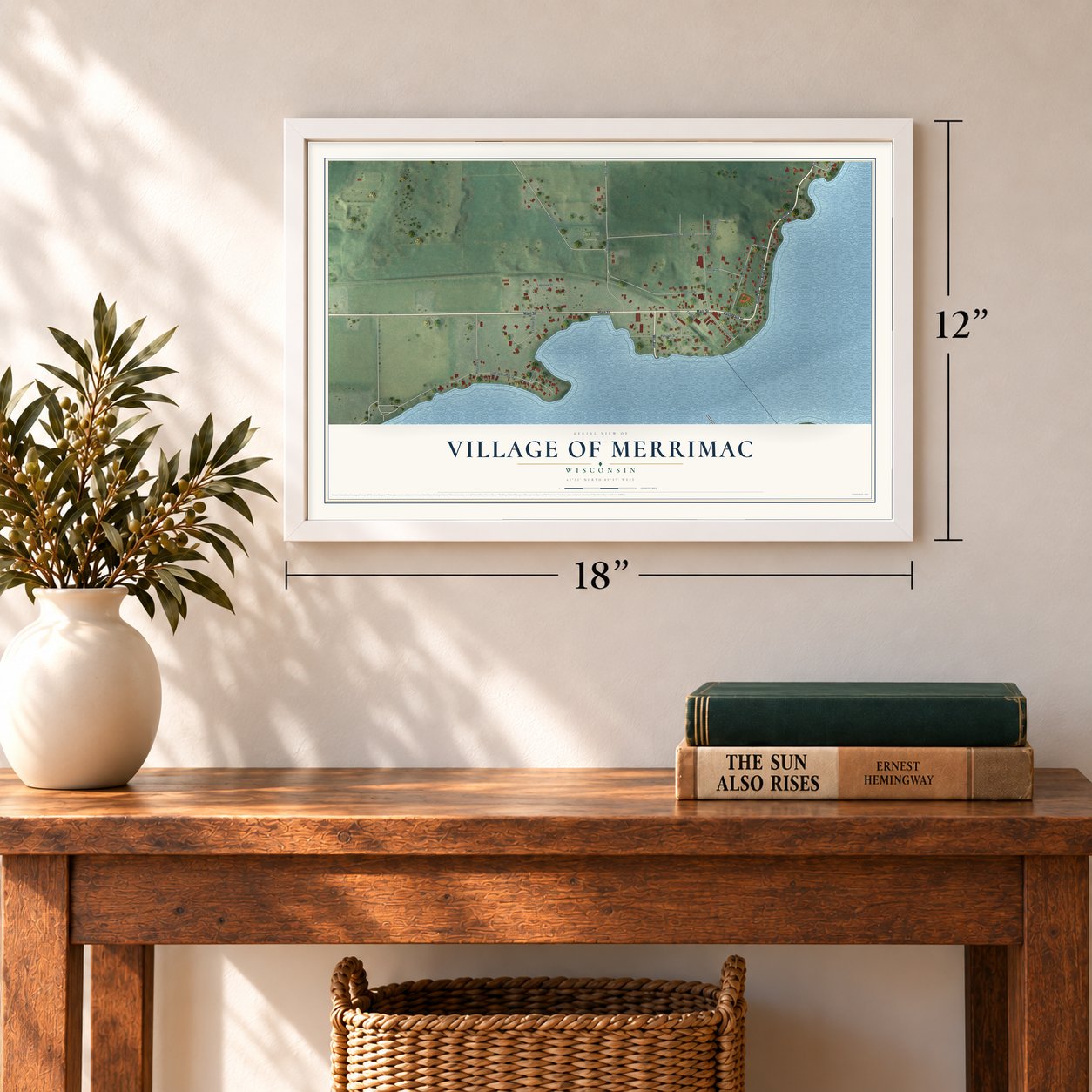 Merrimac, Wisconsin map, 12 x 18 inch print in a white frame in an entryway