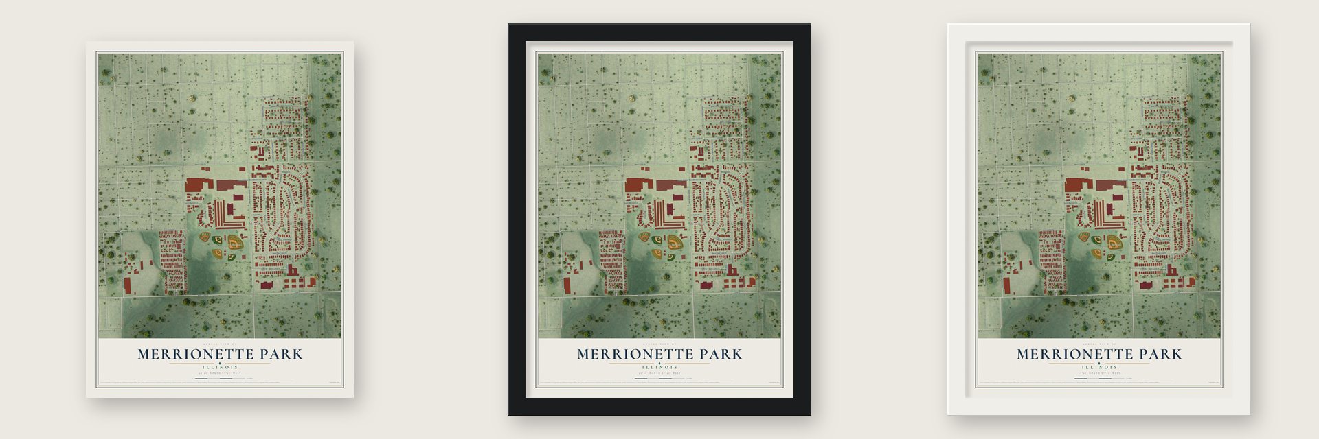 Merrionette Park, Illinois map unframed, in a black wood frame and in a white wood frame