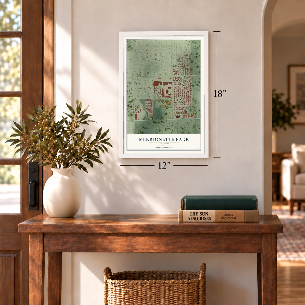 Merrionette Park, Illinois map, 12 x 18 inch print in a white frame in an entryway