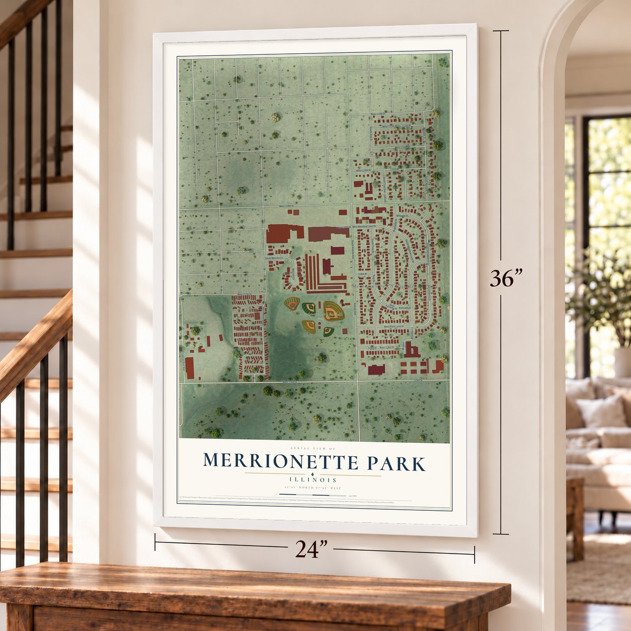 Merrionette Park, Illinois map, 24 x 36 inch print in a white frame by a staircase