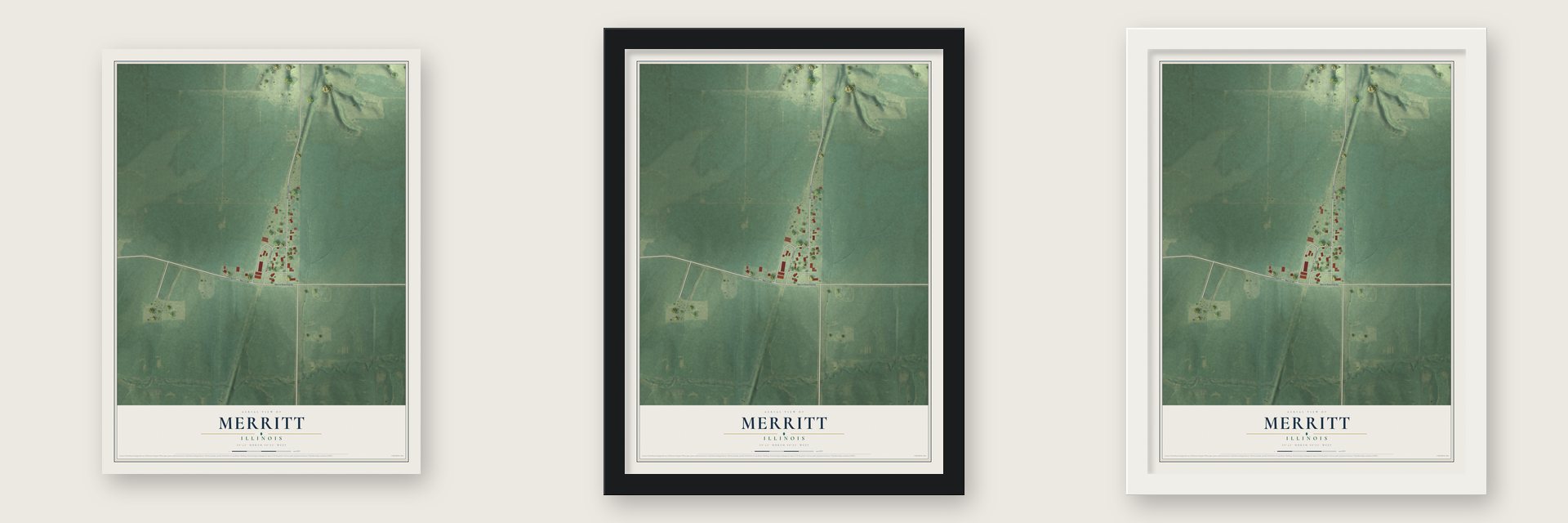 Merritt, Illinois map unframed, in a black wood frame and in a white wood frame