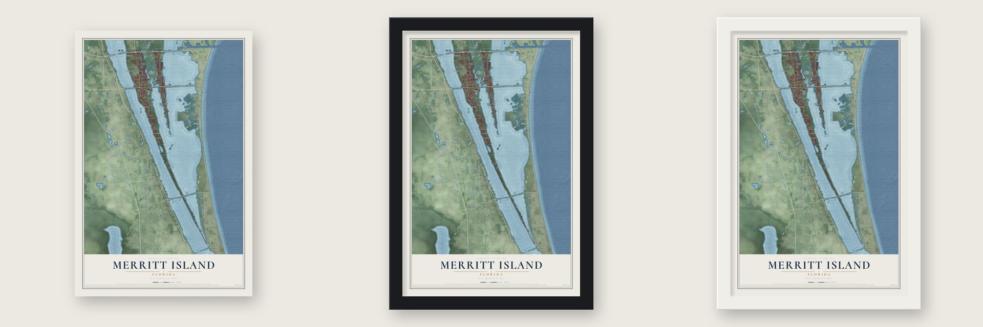 Merritt Island, Florida map unframed, in a black wood frame and in a white wood frame