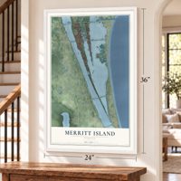 Merritt Island, Florida map, 24 x 36 inch print in a white frame by a staircase