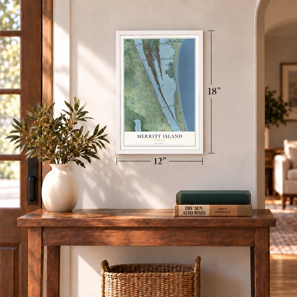 Merritt Island, Florida map, 12 x 18 inch print in a white frame in an entryway