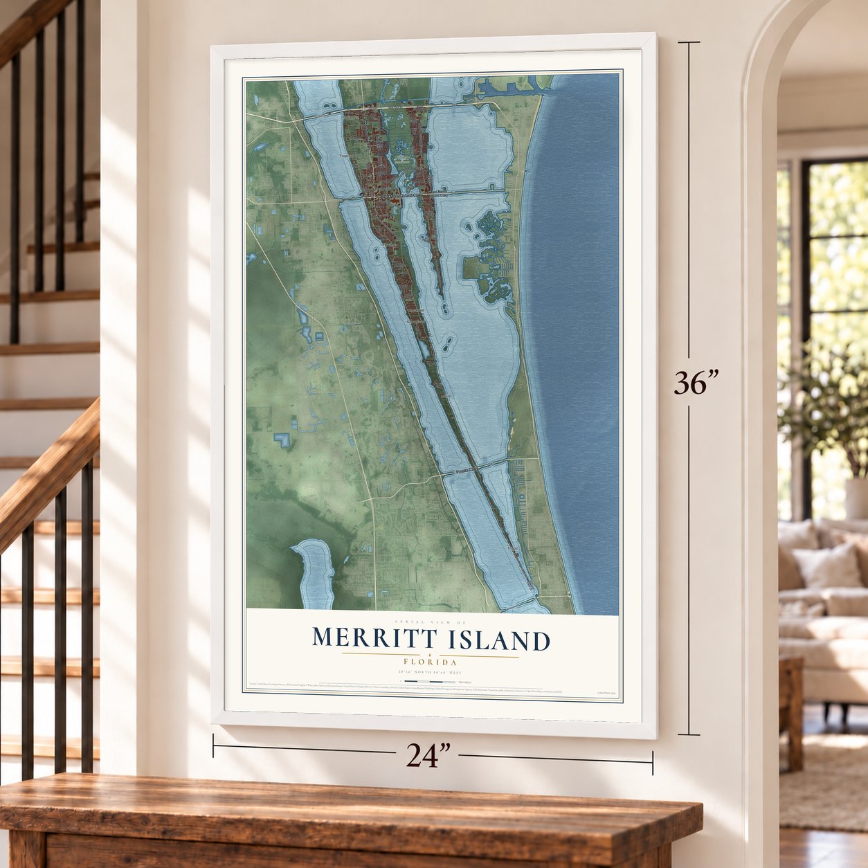 Merritt Island, Florida map, 24 x 36 inch print in a white frame by a staircase
