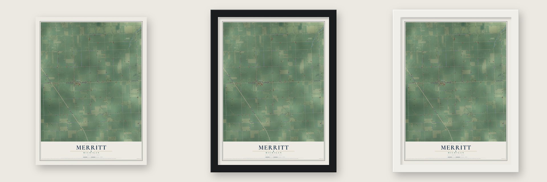 Merritt, Michigan map unframed, in a black wood frame and in a white wood frame
